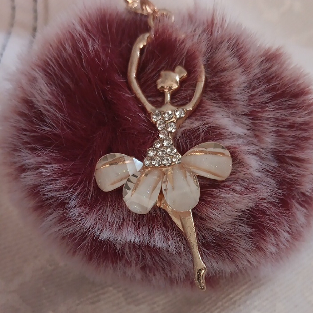 Furry Burgundy Keychain with Ballerina Charm